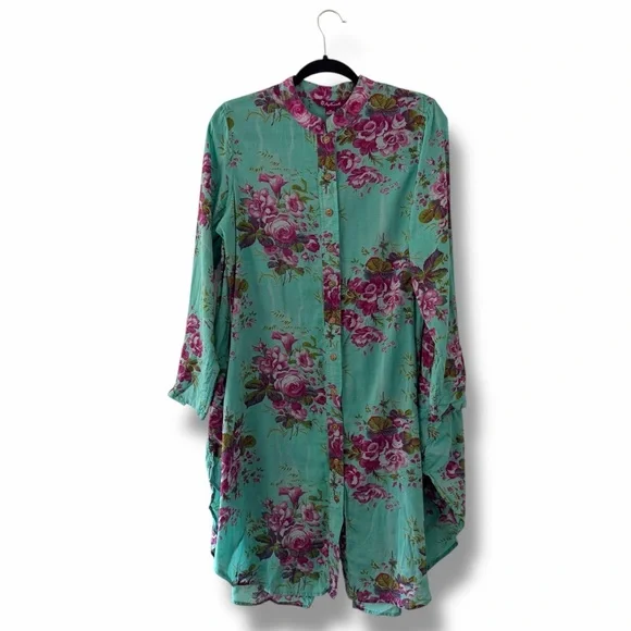 April Cornell Teal Cottage Rose Floral Print Button Down Tunic Top Boho Medium - Picture 4 of 13